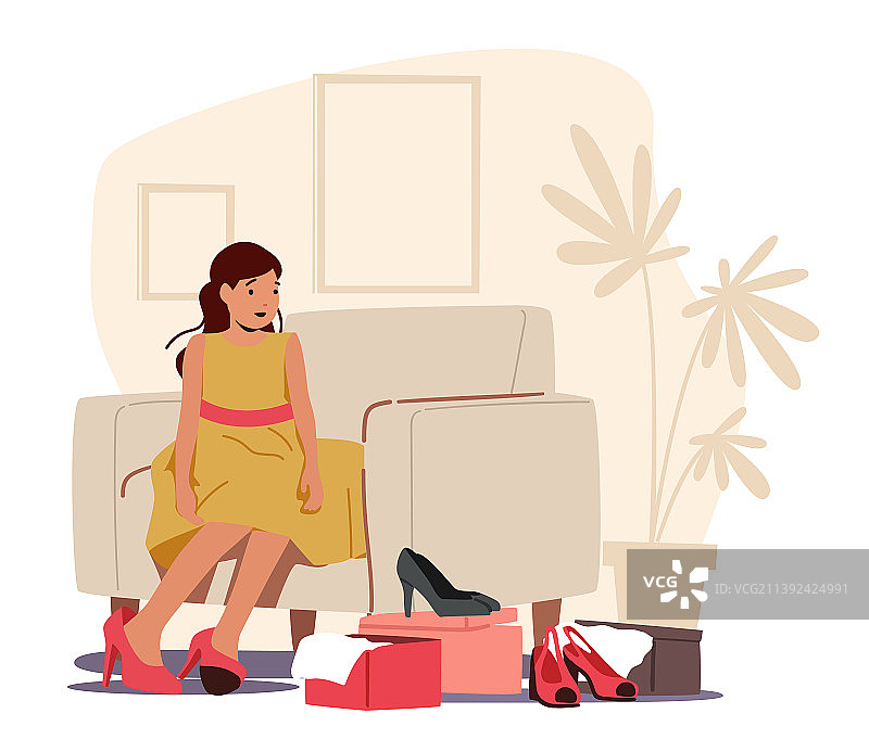 小女孩坐在试衣间的扶手椅上图片素材