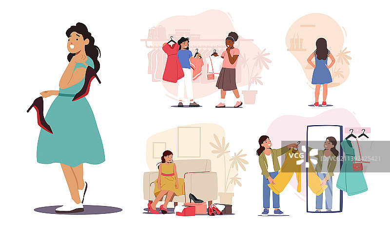 小女孩们选择、换装和试穿套装图片素材