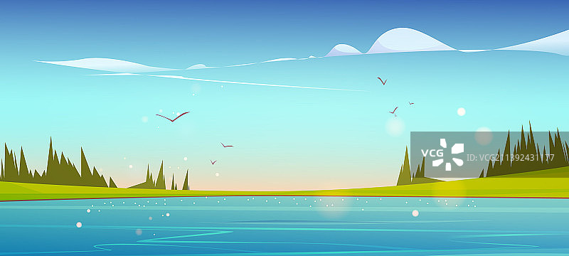 绿草与针叶树湖图片素材