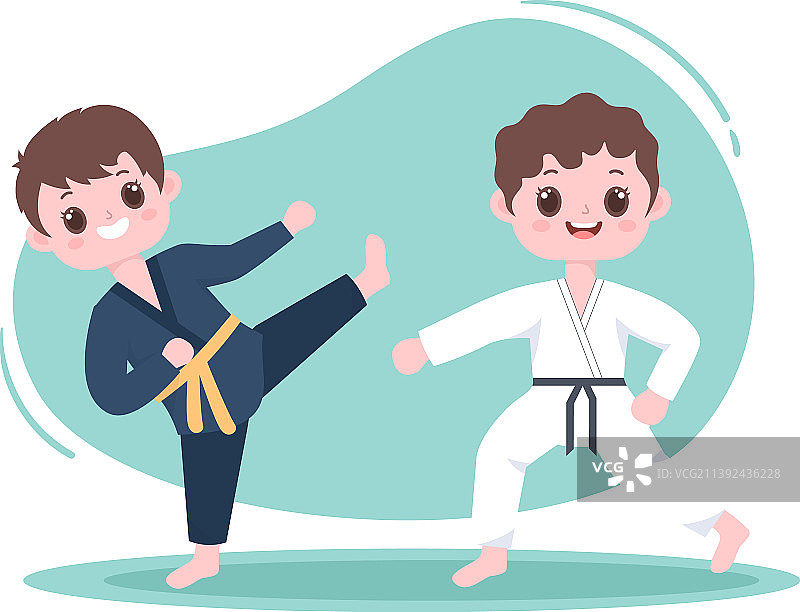 可爱的卡通儿童练习基础空手道图片素材