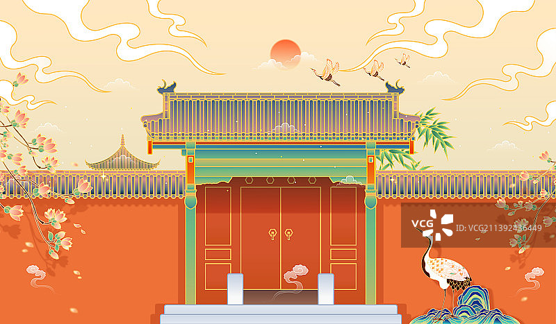 恭王府垂花门风景矢量插画图片素材