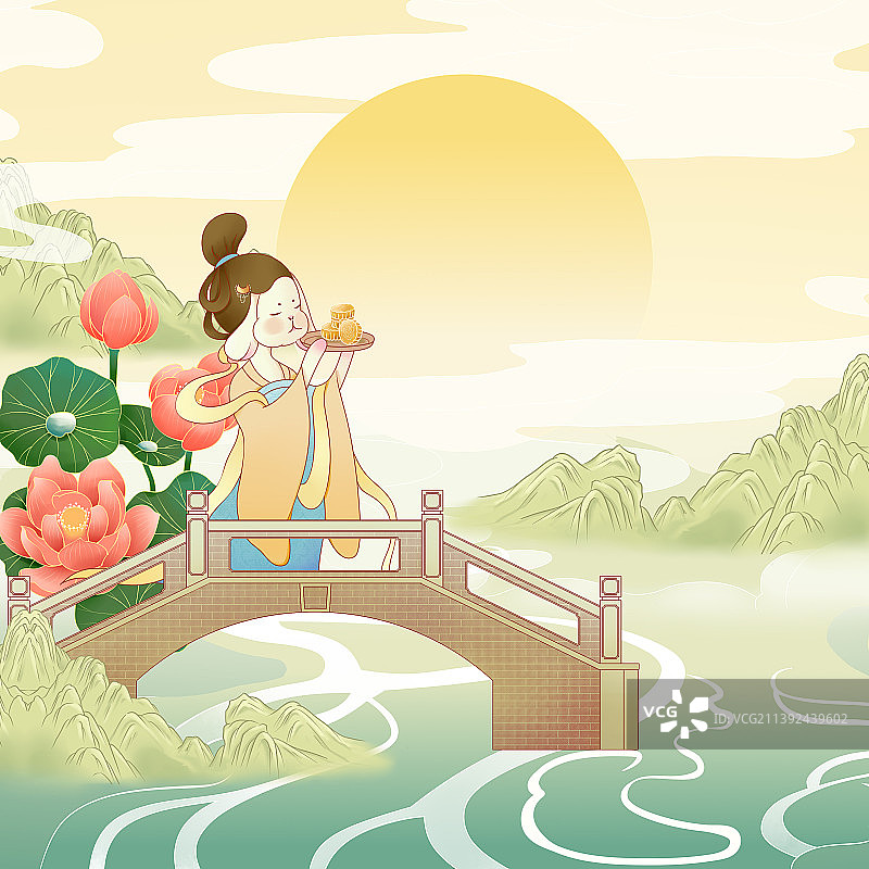 中秋之貂蝉拜月国潮风插画图片素材