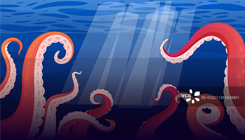 深蓝色深海中的鱿鱼或巨型章鱼触手图片素材
