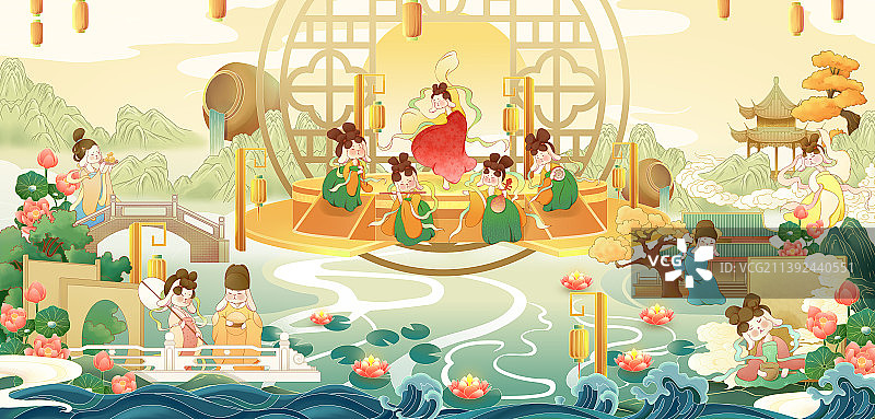 中秋节之玉兔贺秋长卷国潮风插画图片素材