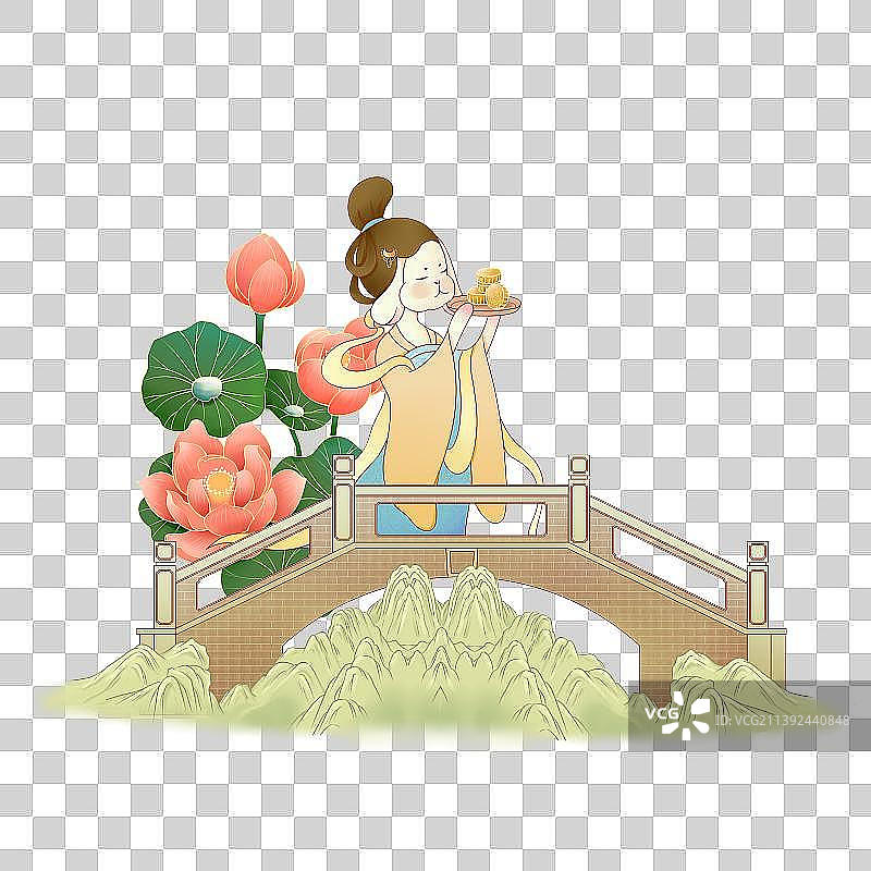 中秋之貂蝉拜月国潮风插画图片素材