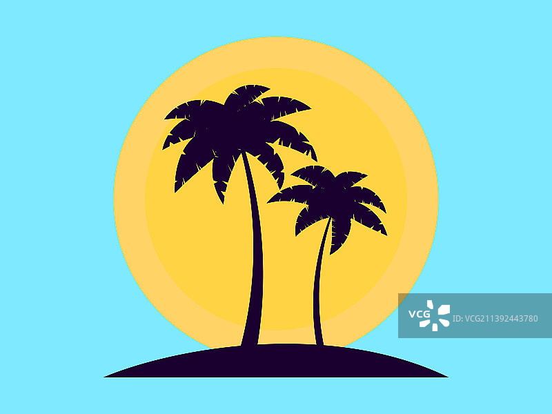 日落时分的两棵棕榈树：浪漫热带日落图片素材