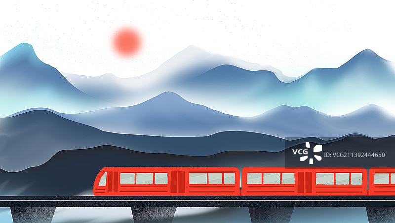 行驶在诗意中国风水墨山水落日中的火车图片素材