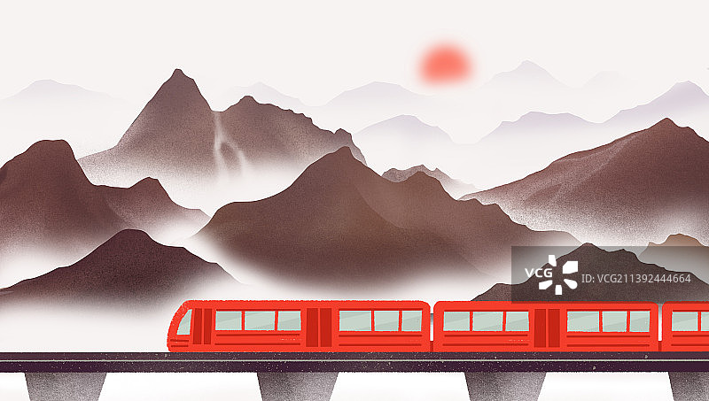 行驶在诗意中国风水墨山水落日中的火车图片素材