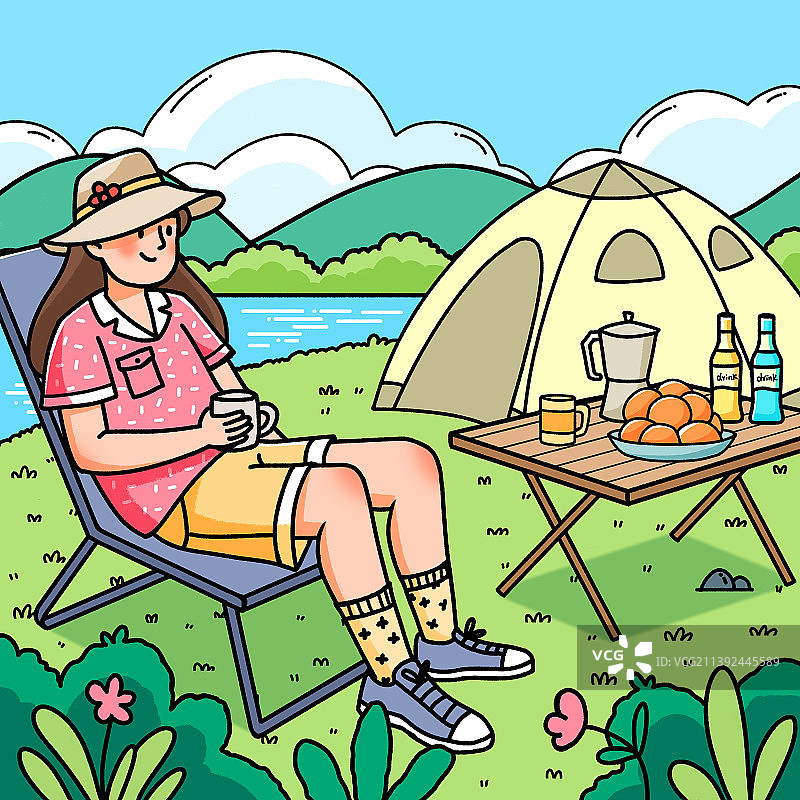 清新线描露营手绘插画方图图片素材