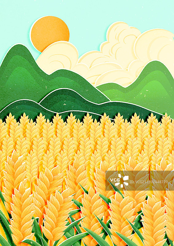 剪纸风麦田麦穗风景背景图片素材