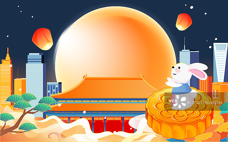 中秋国庆双节同庆国潮城市古建筑节日插画图片素材