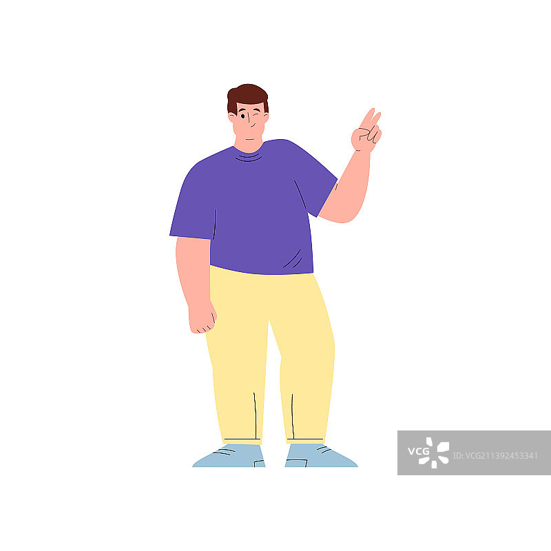 快乐的胖男人展示胜利手势图片素材
