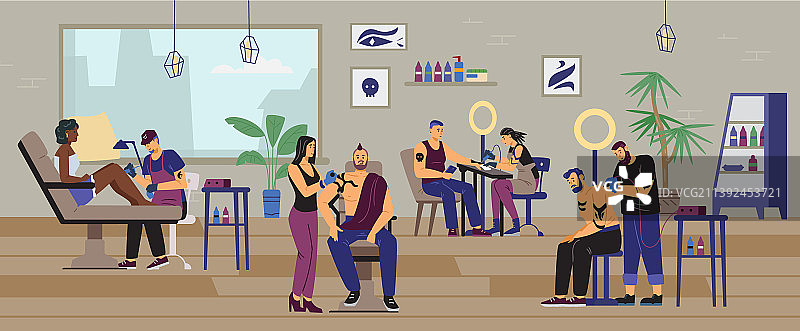 纹身沙龙纹身师与顾客室内图片素材