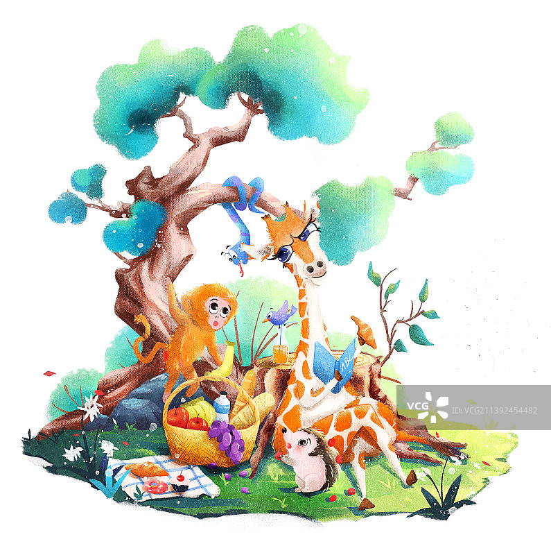 长颈鹿户外野餐，周围有小蛇、刺猬和想要偷水果的小猴子图片素材