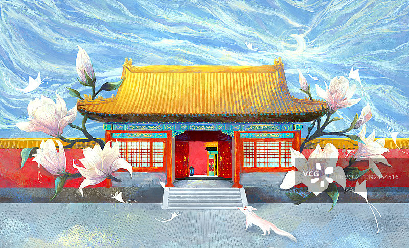 一只狐狸走到生长出白玉兰的宫殿门前图片素材