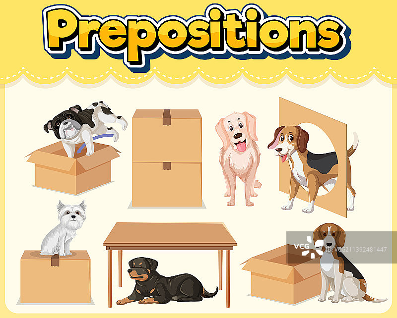 带有小狗和箱子的介词单词卡设计图片素材