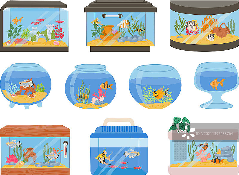 卡通风格的家居水族箱，包含鱼、珊瑚和水草图片素材