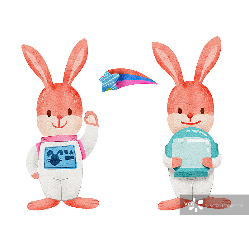 水彩宇航员兔子卡通图案合集图片素材