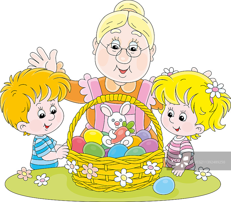 快乐的奶奶和孩子们与复活节篮子图片素材