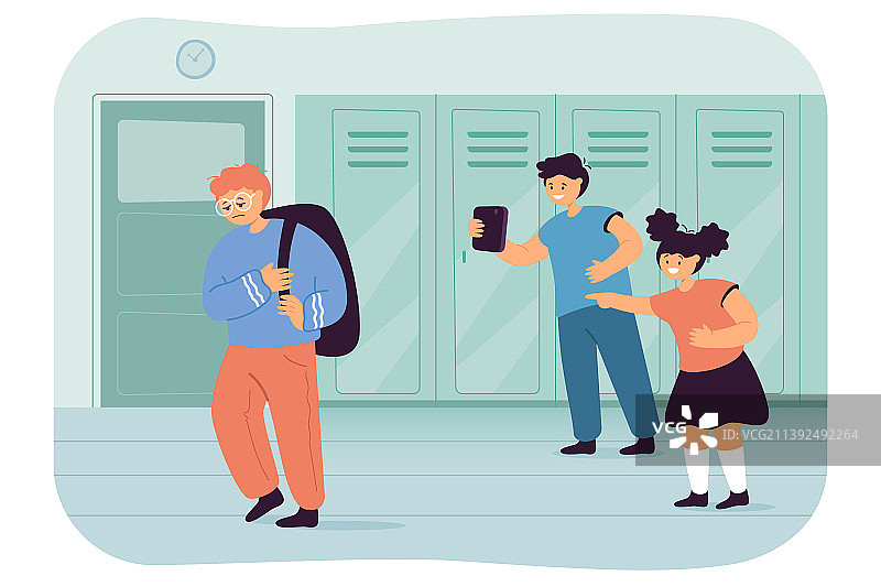 孩子们嘲笑学校里悲伤孤独的男孩图片素材