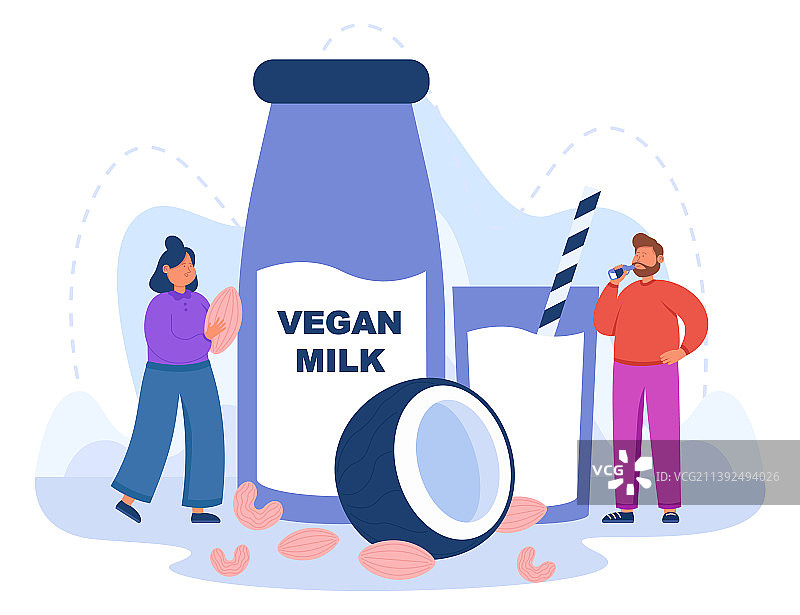 小人和扁平的纯素牛奶包装图片素材