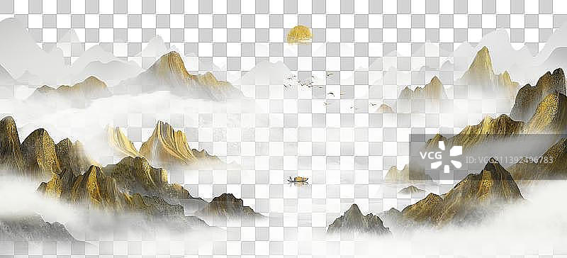手绘中国风意境金色抽象山水风景画图片素材