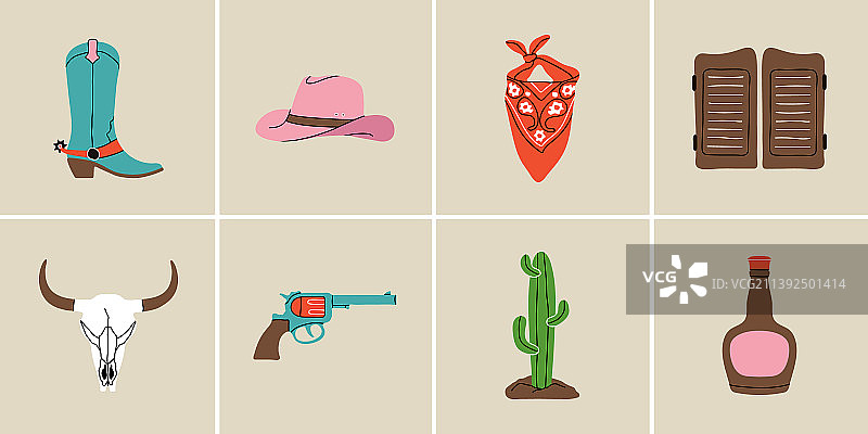 现代扁平风格的狂野西部元素图片素材