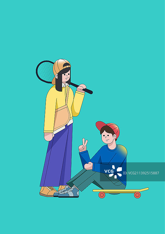 扁平矢量人物运动男女滑板网球描边插画图片素材