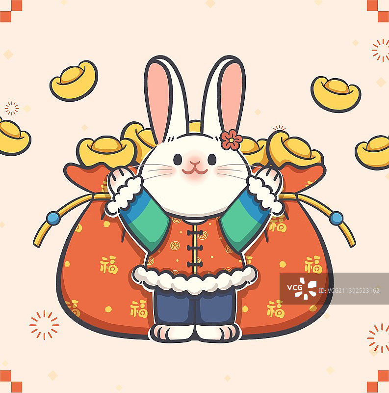 卡通可爱兔年新春撒元宝的兔子图片素材