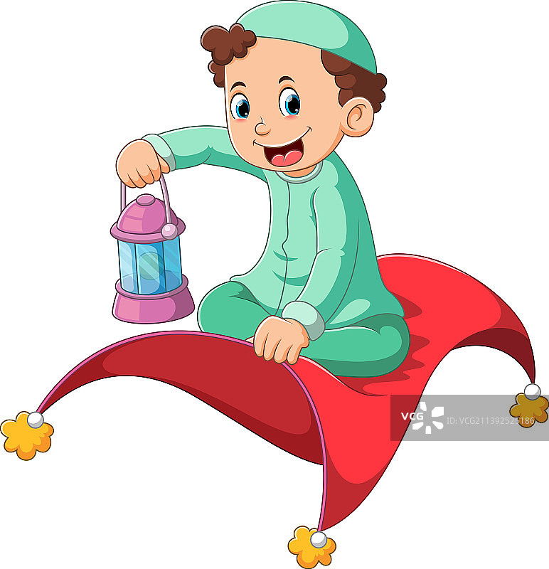 男孩坐在飞毯上图片素材