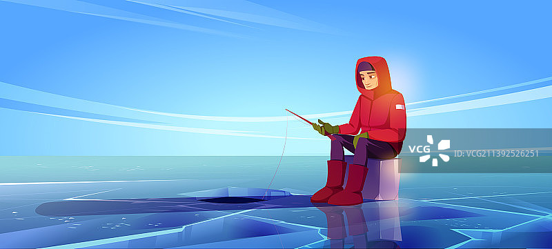 冬天在冰冻湖面冰钓的男人图片素材