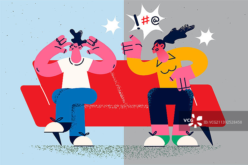 丈夫捂住耳朵，不理睬生气的妻子图片素材