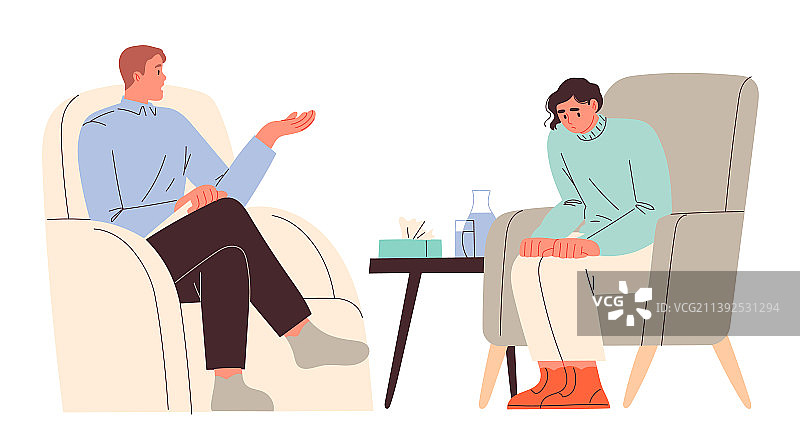 男精神分析师与会谈中的女人交谈图片素材