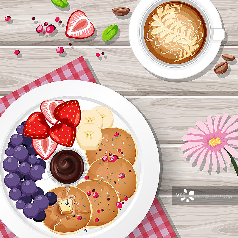 顶部视角：咖啡与薄烤饼图片素材