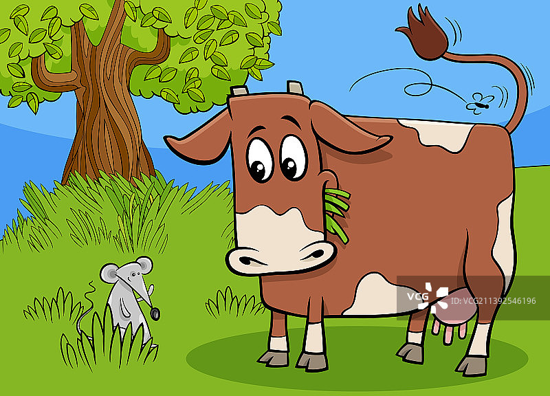 卡通奶牛农场动物角色和小老鼠图片素材