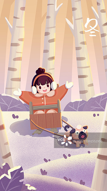 四季系列之冬天女孩与狗雪地玩雪橇卡通肌理插画图片素材