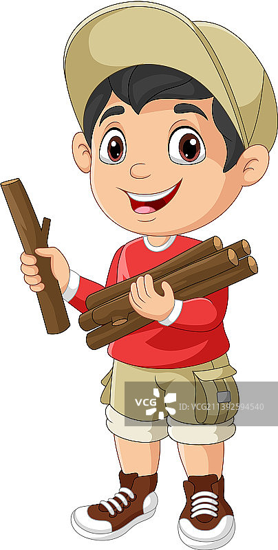 携带木柴的卡通男童子军图片素材