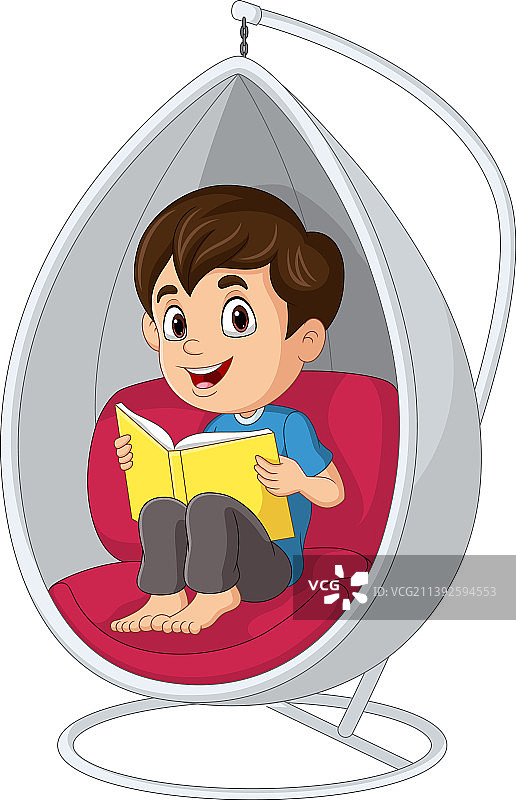 坐在悬挂椅上看书的小男孩图片素材