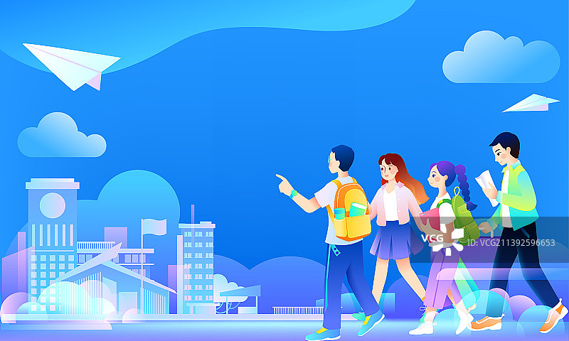 大学生开学季学生入学行李建筑矢量插画图片素材