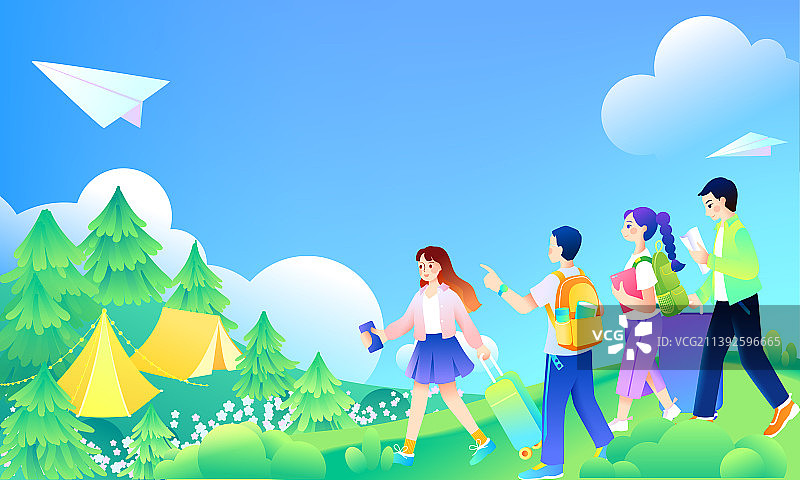 大学生青年野外山林旅行露营矢量插画图片素材