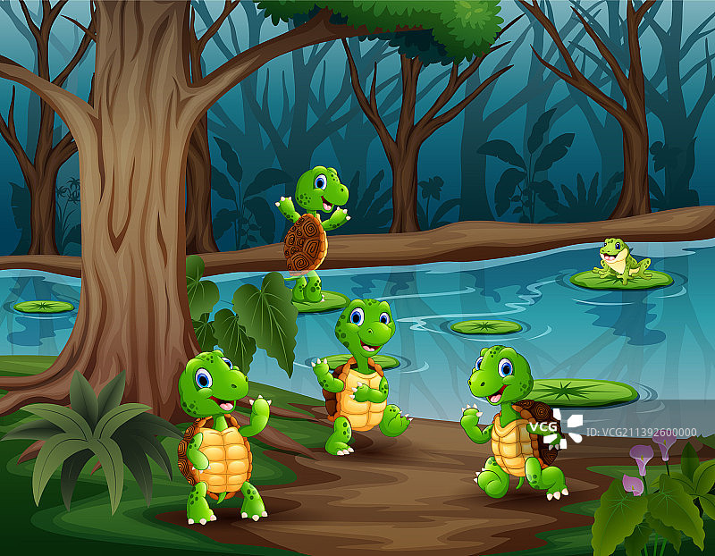 玩耍的可爱卡通乌龟和青蛙图片素材