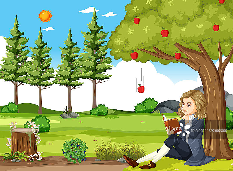艾萨克·牛顿坐在苹果树下图片素材