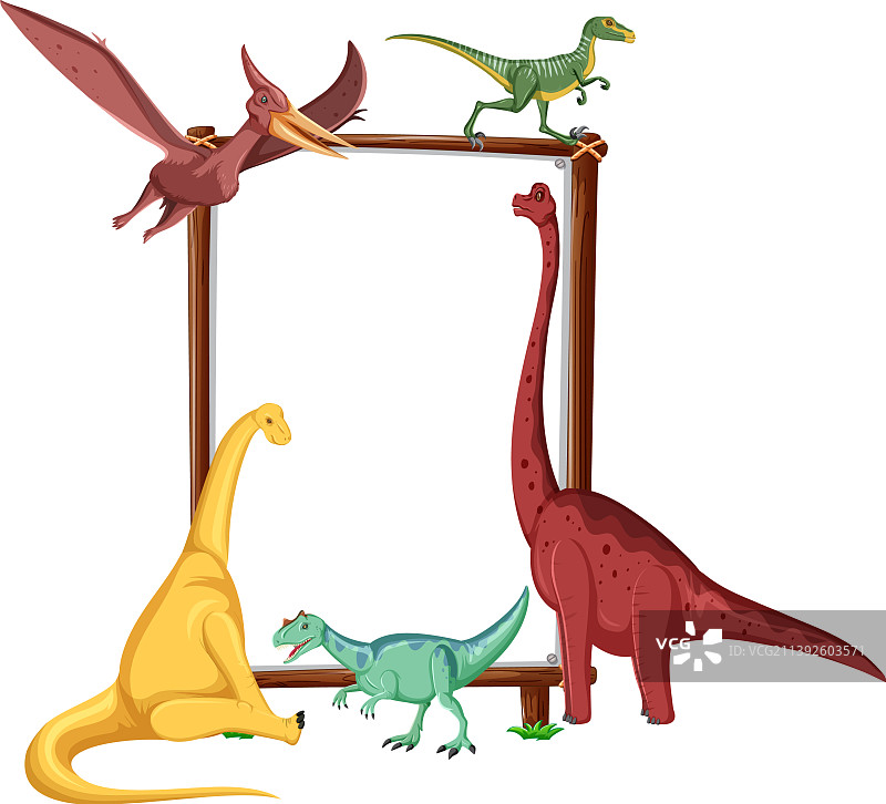 一群恐龙围绕着白色的木板图片素材