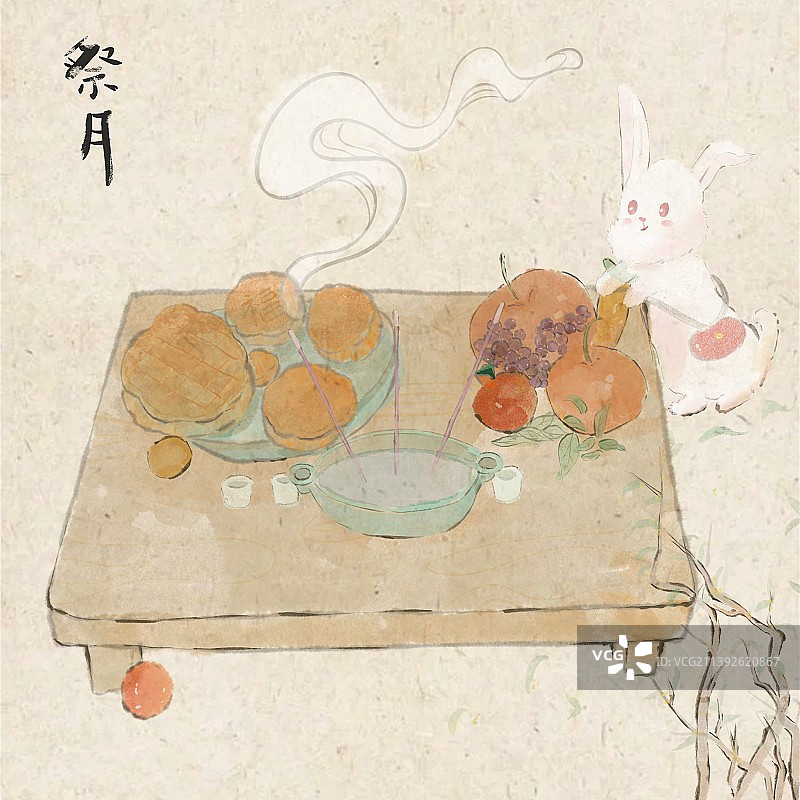 中国传统节日中秋节习俗祭月吃月饼喝月桂酒兔年兔子水墨国风插画图片素材