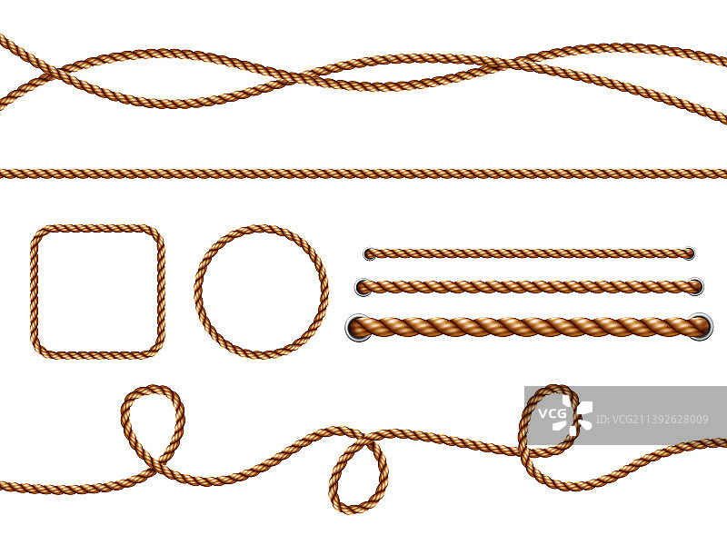 逼真风格黄色或棕色弯曲航海绳索图片素材