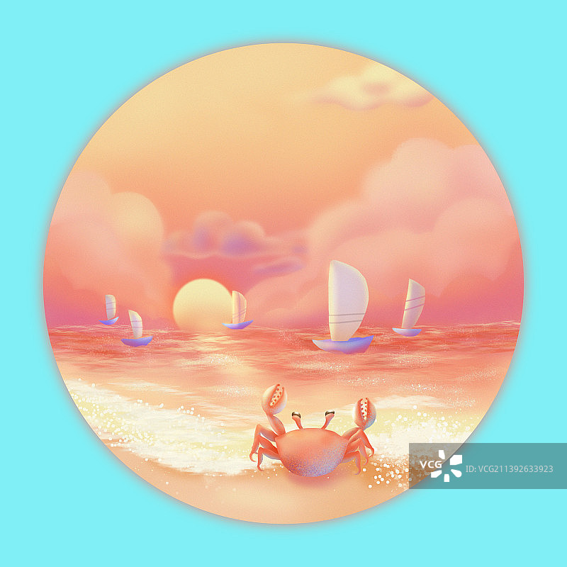 海边的螃蟹望着日出海面上的帆船图片素材