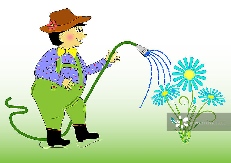 园艺师用花园软管浇水图片素材