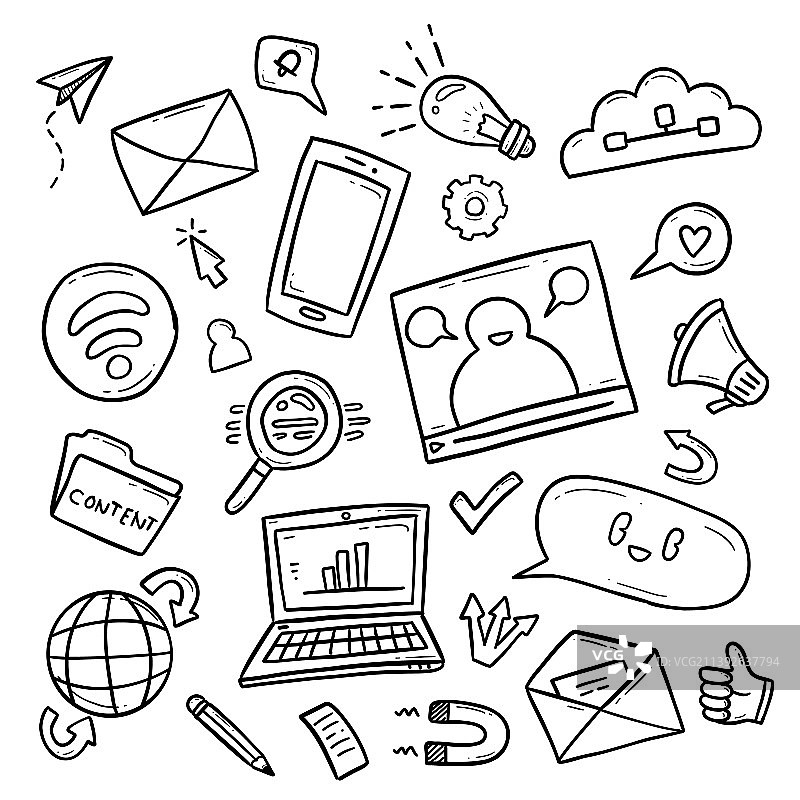 手绘数字设备轮廓涂鸦图片素材