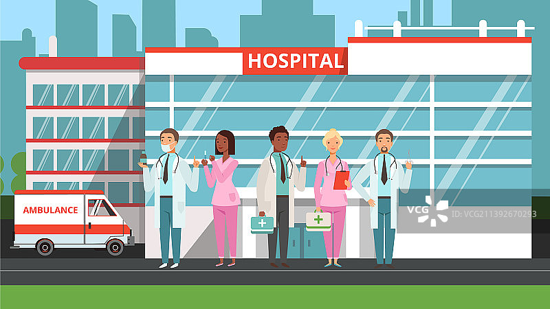 医疗团队医生和护士在医院大楼前图片素材