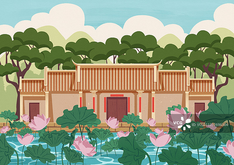 夏天里在宗祠前的池塘盛开着荷花图片素材